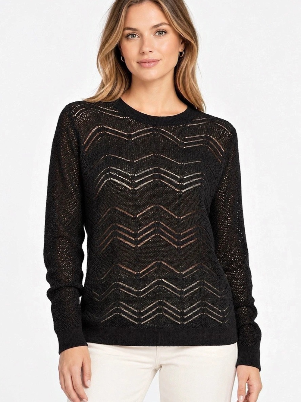Vince $245 Black Mesh Zig Zag Crew Neck Sweater